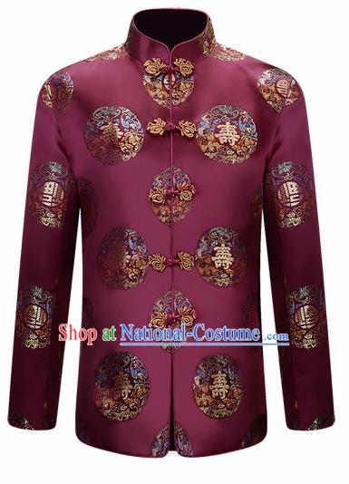 Traditional Chinese Purple Brocade Cotton Padded Coat New Year Tang Suit Stand Collar Overcoat for Old Men