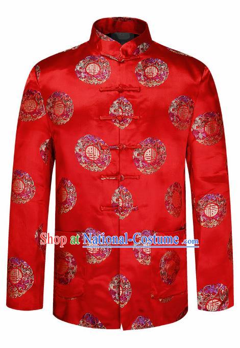 Traditional Chinese Red Brocade Cotton Padded Coat New Year Tang Suit Stand Collar Overcoat for Old Men