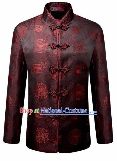 Traditional Chinese Brown Brocade Cotton Padded Coat New Year Tang Suit Stand Collar Overcoat for Old Men