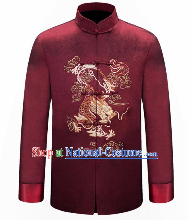 Traditional Chinese Embroidered Dragon Purplish Red Brocade Cotton Padded Coat New Year Tang Suit Stand Collar Overcoat for Old Men