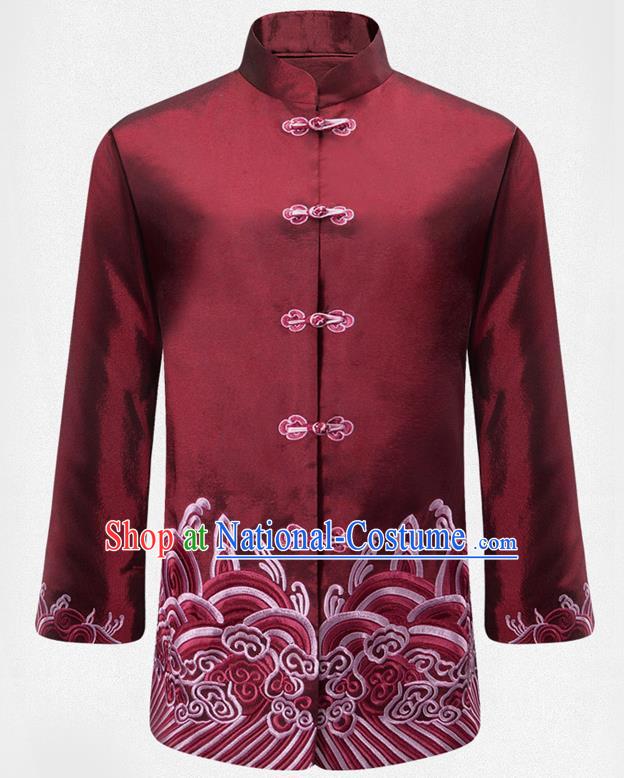 Traditional Chinese Embroidered Waves Purplish Red Brocade Cotton Padded Coat New Year Tang Suit Stand Collar Overcoat for Old Men