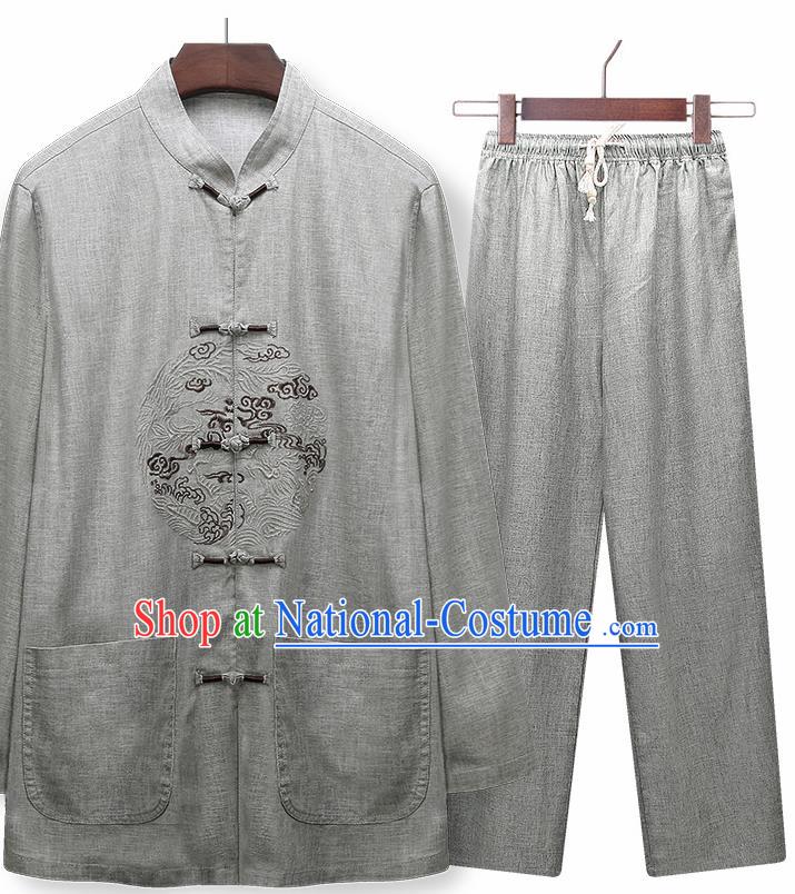 Traditional Chinese Tang Suit Embroidered Grey Silk Outfits Tai Chi Training Costumes for Old Men