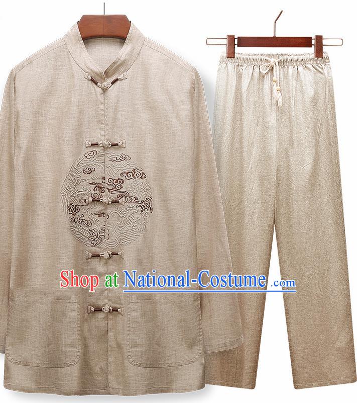 Traditional Chinese Tang Suit Embroidered Khaki Silk Outfits Tai Chi Training Costumes for Old Men