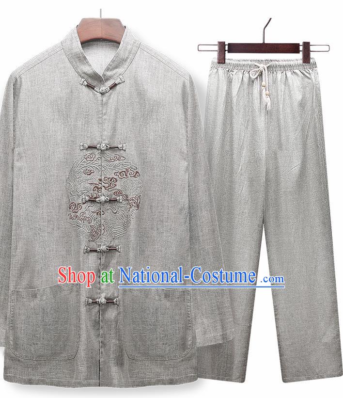 Traditional Chinese Tang Suit Embroidered Light Grey Silk Outfits Tai Chi Training Costumes for Old Men