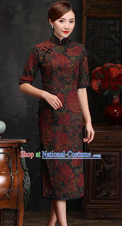 Traditional Chinese Printing Lotus Silk Cheongsam Mother Tang Suit Qipao Dress for Women