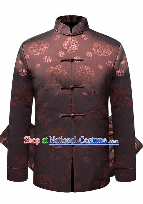 Traditional Chinese Dragon Pattern Brown Brocade Cotton Padded Coat New Year Tang Suit Overcoat for Old Men