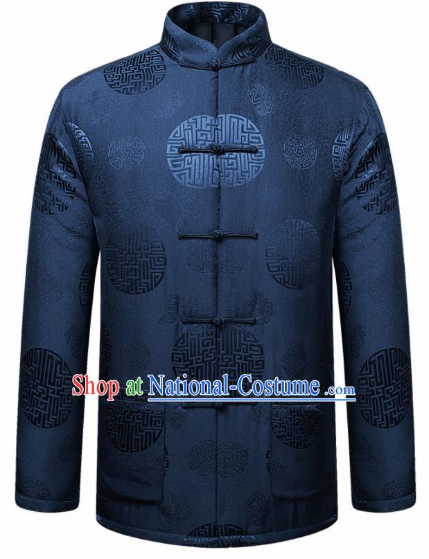 Traditional Chinese Lucky Pattern Navy Brocade Cotton Padded Coat New Year Tang Suit Overcoat for Old Men