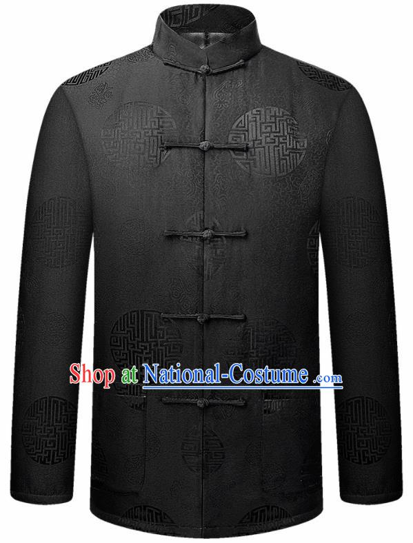 Traditional Chinese Lucky Pattern Black Brocade Cotton Padded Coat New Year Tang Suit Overcoat for Old Men