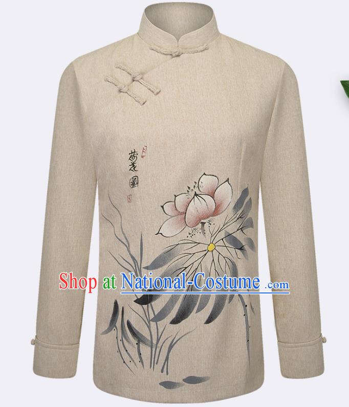 Traditional Chinese Tang Suit Printing Lotus Beige Blouse Tai Chi Training Costumes for Old Women