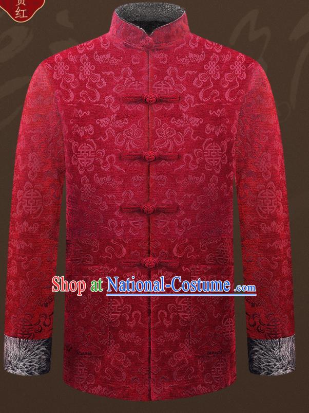 Traditional Chinese Wine Red Velvet Cotton Wadded Jacket New Year Tang Suit Overcoat for Old Men