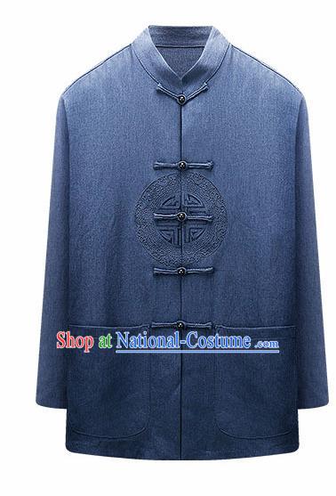 Traditional Chinese Blue Woolen Jacket New Year Tang Suit Overcoat for Old Men