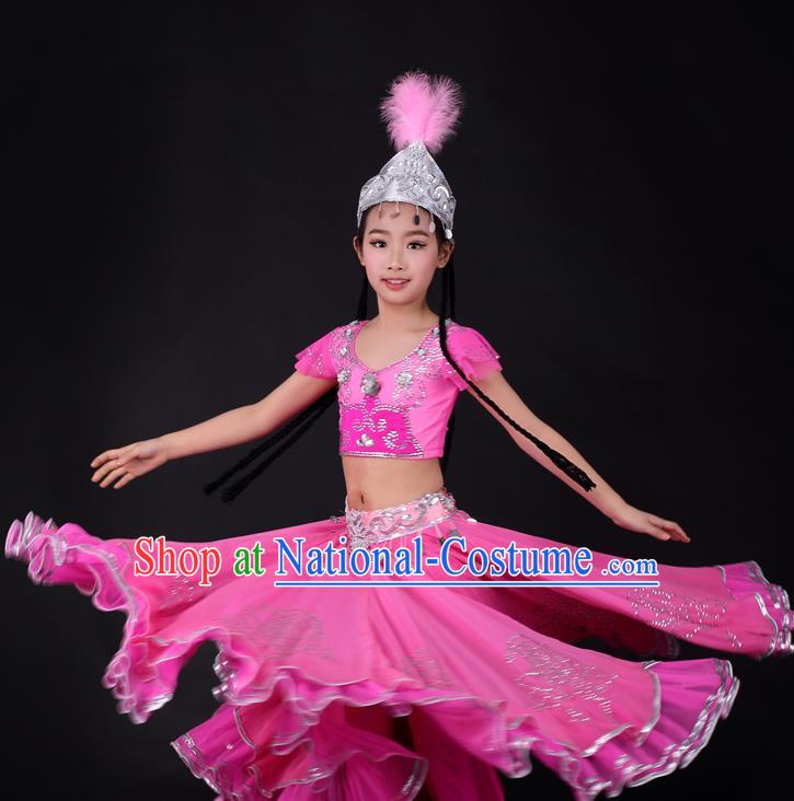 Traditional Chinese Child Xinjiang Uyghur Minority Rosy Dress Ethnic Folk Dance Costume for Kids