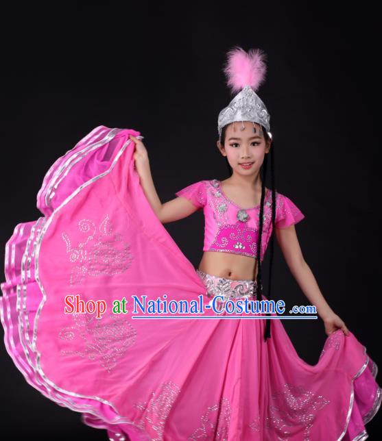 Traditional Chinese Child Xinjiang Uyghur Minority Rosy Dress Ethnic Folk Dance Costume for Kids