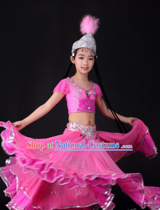 Traditional Chinese Child Xinjiang Uyghur Minority Rosy Dress Ethnic Folk Dance Costume for Kids