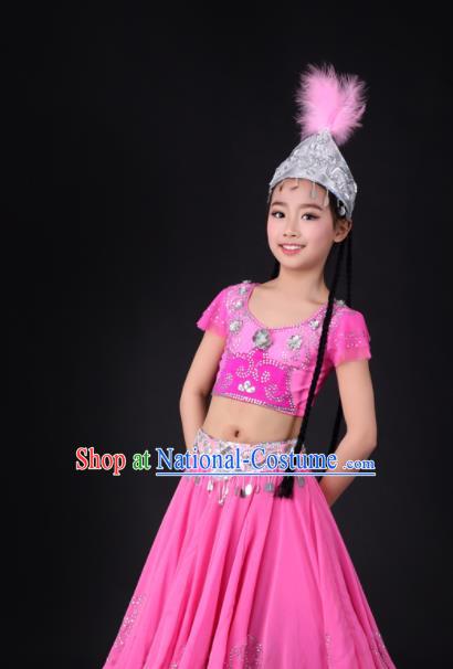 Traditional Chinese Child Xinjiang Uyghur Minority Rosy Dress Ethnic Folk Dance Costume for Kids