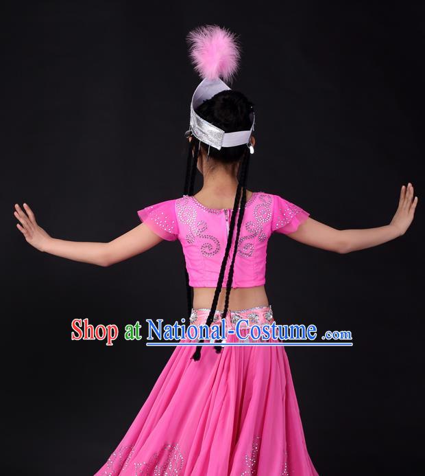 Traditional Chinese Child Xinjiang Uyghur Minority Rosy Dress Ethnic Folk Dance Costume for Kids