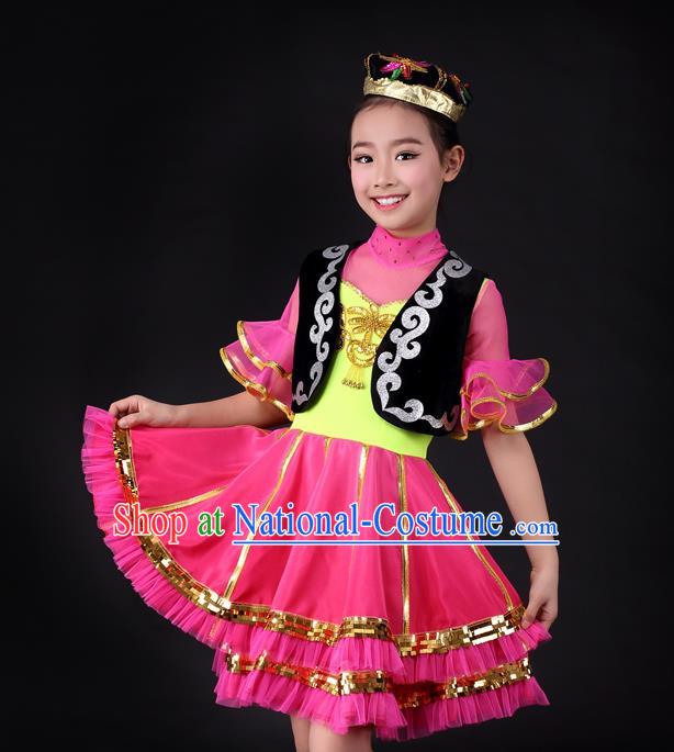 Traditional Chinese Child Xinjiang Uyghur Nationality Rosy Dress Ethnic Minority Folk Dance Costume for Kids