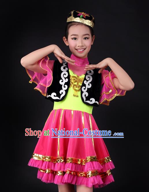 Traditional Chinese Child Xinjiang Uyghur Nationality Rosy Dress Ethnic Minority Folk Dance Costume for Kids