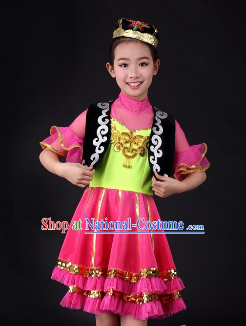 Traditional Chinese Child Xinjiang Uyghur Nationality Rosy Dress Ethnic Minority Folk Dance Costume for Kids