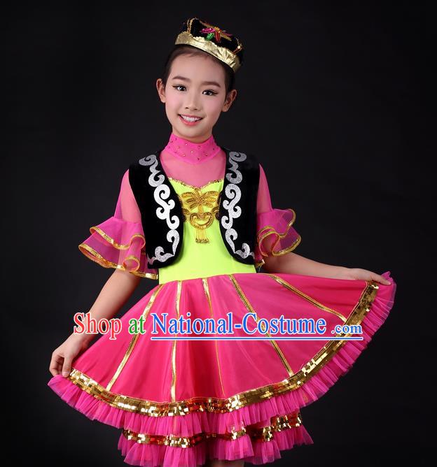 Traditional Chinese Child Xinjiang Uyghur Nationality Rosy Dress Ethnic Minority Folk Dance Costume for Kids