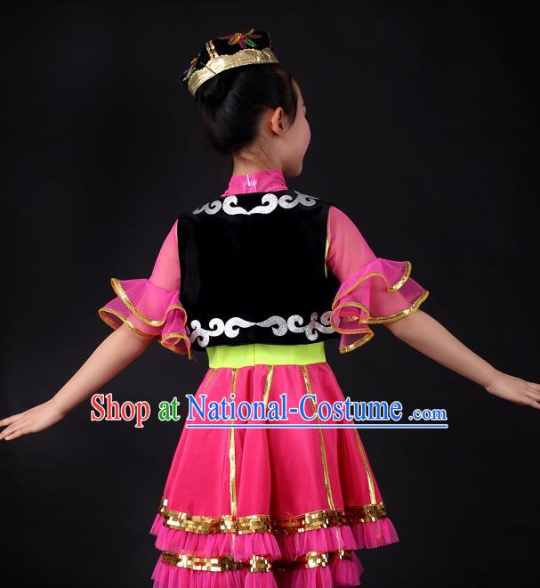 Traditional Chinese Child Xinjiang Uyghur Nationality Rosy Dress Ethnic Minority Folk Dance Costume for Kids