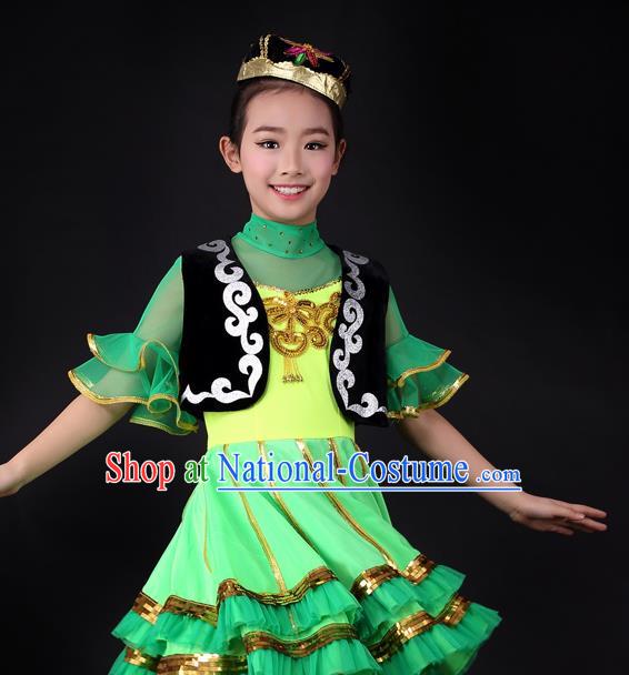 Traditional Chinese Child Xinjiang Uyghur Nationality Green Dress Ethnic Minority Folk Dance Costume for Kids