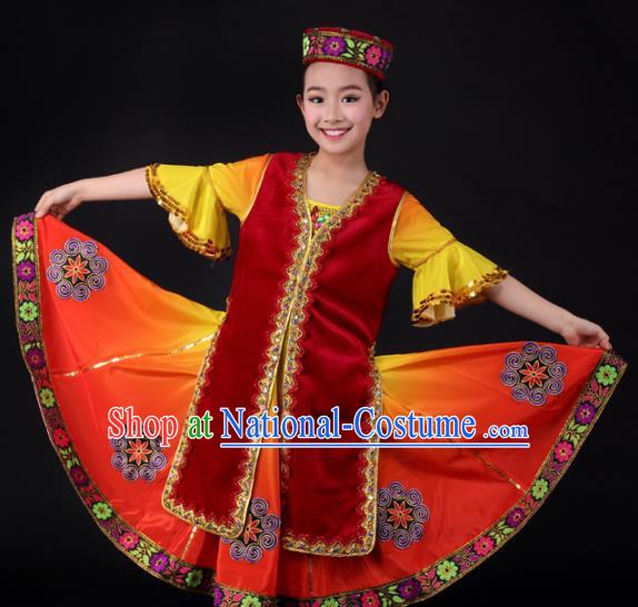 Traditional Chinese Child Xinjiang Uyghur Nationality Red Dress Ethnic Minority Folk Dance Costume for Kids