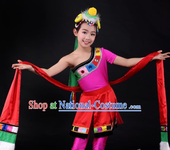 Traditional Chinese Child Zang Nationality Red Dress Ethnic Minority Folk Dance Costume for Kids