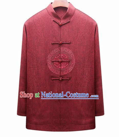 Traditional Chinese Red Woolen Jacket New Year Tang Suit Overcoat for Old Men