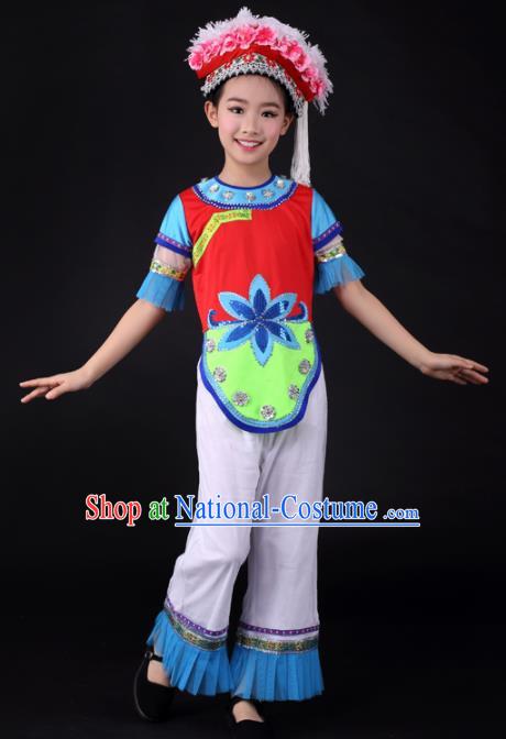 Traditional Chinese Child Bai Nationality Clothing Ethnic Minority Folk Dance Costume for Kids