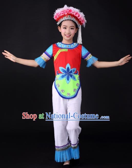 Traditional Chinese Child Bai Nationality Clothing Ethnic Minority Folk Dance Costume for Kids