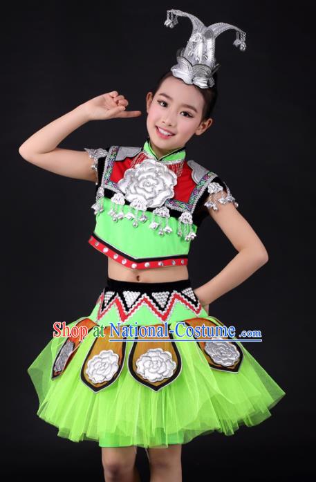 Traditional Chinese Child Miao Nationality Green Short Skirt Ethnic Minority Folk Dance Costume for Kids