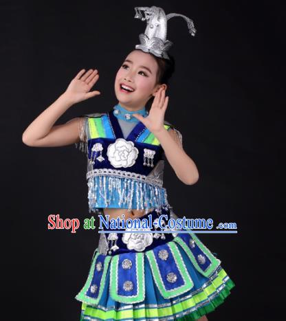 Traditional Chinese Child Miao Nationality Royalblue Short Skirt Ethnic Minority Folk Dance Costume and Headpiece for Kids