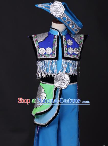 Traditional Chinese Child Miao Nationality Clothing Ethnic Minority Folk Dance Costume and Headpiece for Kids