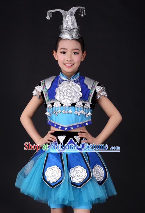 Traditional Chinese Child Miao Nationality Blue Skirt Ethnic Minority Folk Dance Costume and Headpiece for Kids