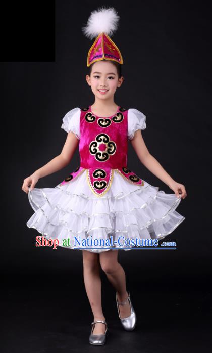 Traditional Chinese Child Kazak Nationality Short Dress Ethnic Minority Folk Dance Costume for Kids