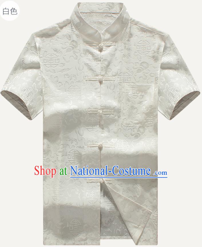 Traditional Chinese Tang Suit White Silk Shirt Tai Chi Training Costumes for Old Men