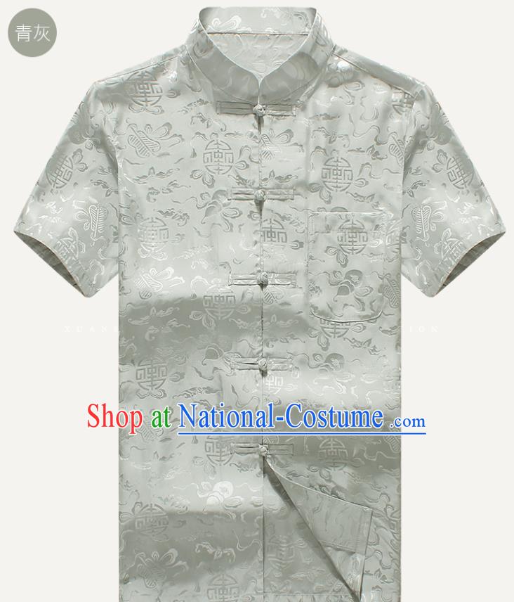 Traditional Chinese Tang Suit Light Grey Silk Shirt Tai Chi Training Costumes for Old Men