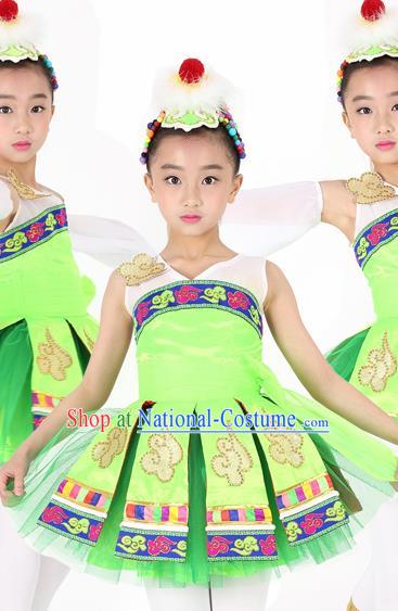 Traditional Chinese Child Mongol Nationality Green Dress Ethnic Minority Folk Dance Costume for Kids