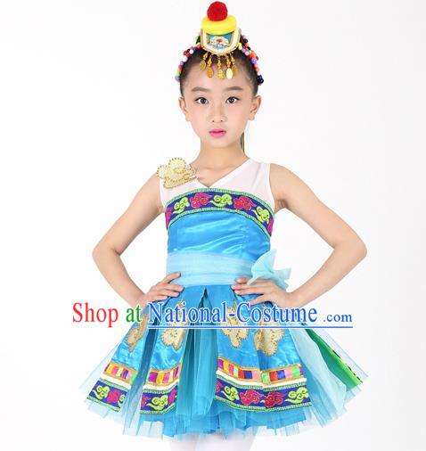 Traditional Chinese Child Mongol Nationality Blue Dress Ethnic Minority Folk Dance Costume for Kids