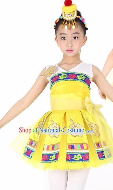 Traditional Chinese Child Mongol Nationality Yellow Dress Ethnic Minority Folk Dance Costume for Kids