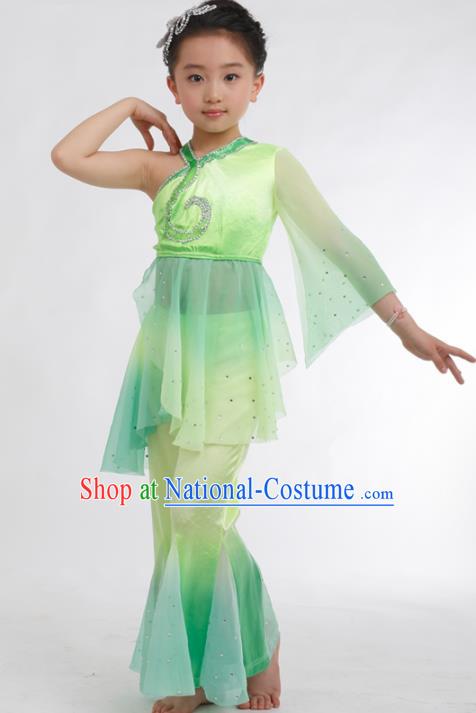 Traditional Chinese Folk Dance Fan Dance Green Veil Clothing Yangko Dance Stage Show Costume for Kids