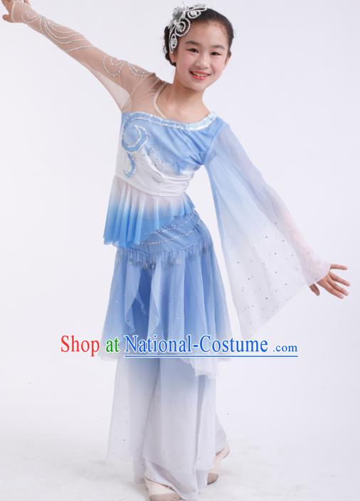 Traditional Chinese Folk Dance Fan Dance Blue Veil Clothing Yangko Dance Stage Show Costume for Kids