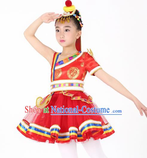 Traditional Chinese Child Zang Nationality Red Short Dress Ethnic Minority Folk Dance Costume for Kids