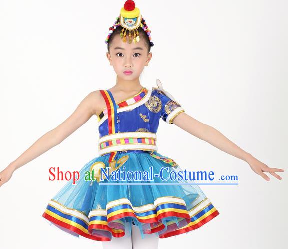 Traditional Chinese Child Zang Nationality Blue Short Dress Ethnic Minority Folk Dance Costume for Kids