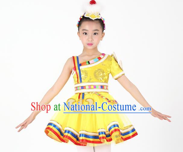 Traditional Chinese Child Zang Nationality Yellow Short Dress Ethnic Minority Folk Dance Costume for Kids