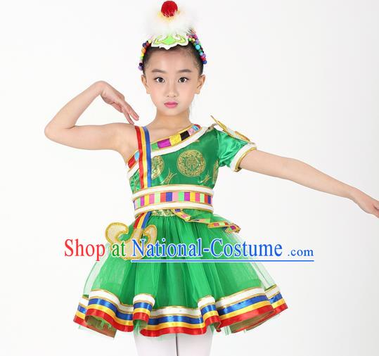 Traditional Chinese Child Zang Nationality Green Short Dress Ethnic Minority Folk Dance Costume for Kids