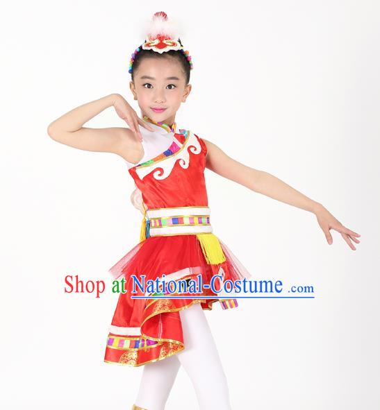 Traditional Chinese Child Zang Nationality Red Veil Short Dress Ethnic Minority Folk Dance Costume for Kids