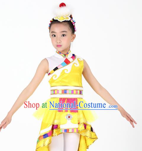 Traditional Chinese Child Zang Nationality Yellow Veil Short Dress Ethnic Minority Folk Dance Costume for Kids