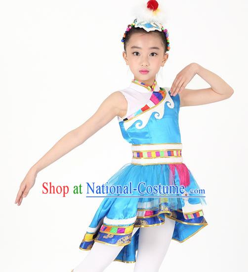 Traditional Chinese Child Zang Nationality Blue Veil Short Dress Ethnic Minority Folk Dance Costume for Kids